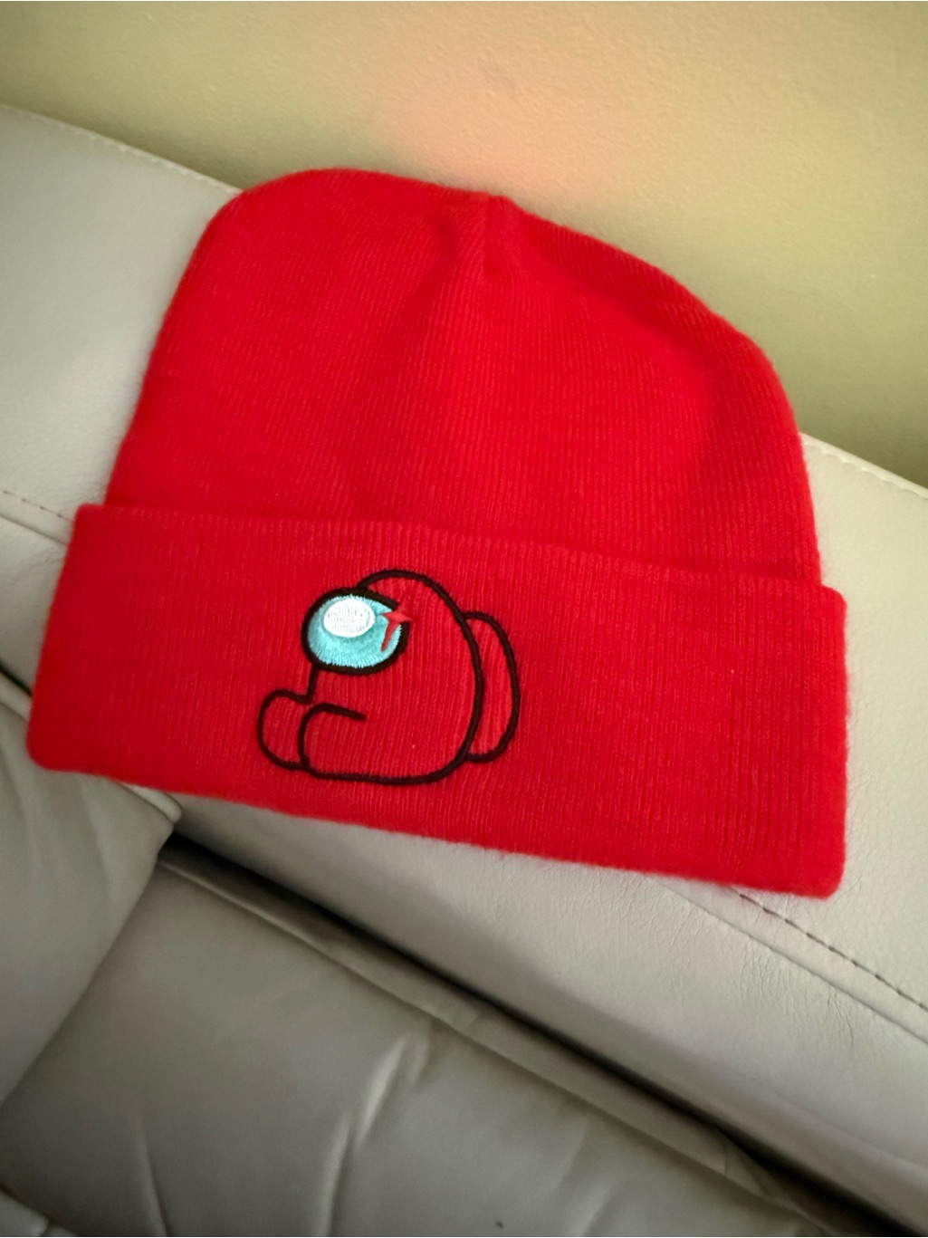 Red Kids Beanie Hat With Crew Embroidered Patch